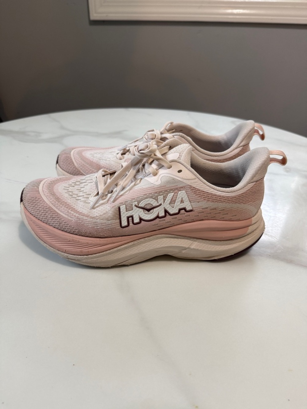 Hoka Pink and Cream Cushioned Running Shoes